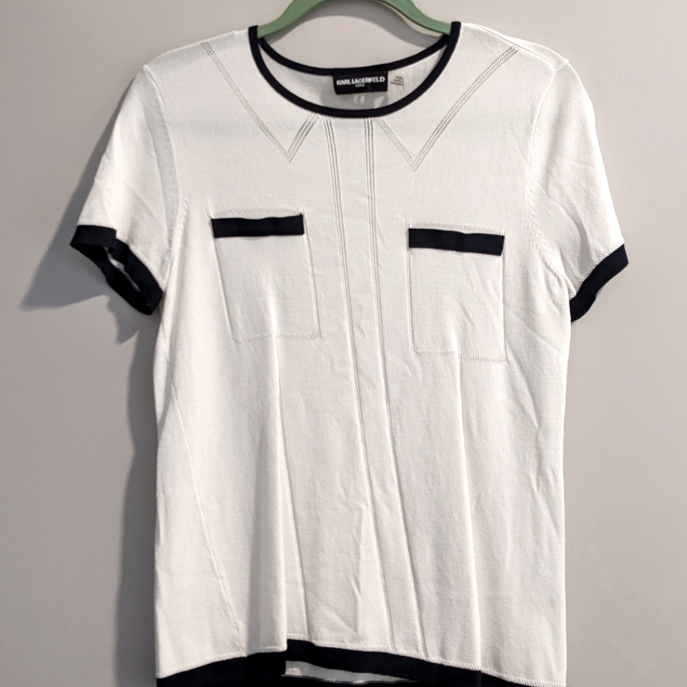 Karl Lagerfeld White & Navy Short Sleeve Lightweight Sweater